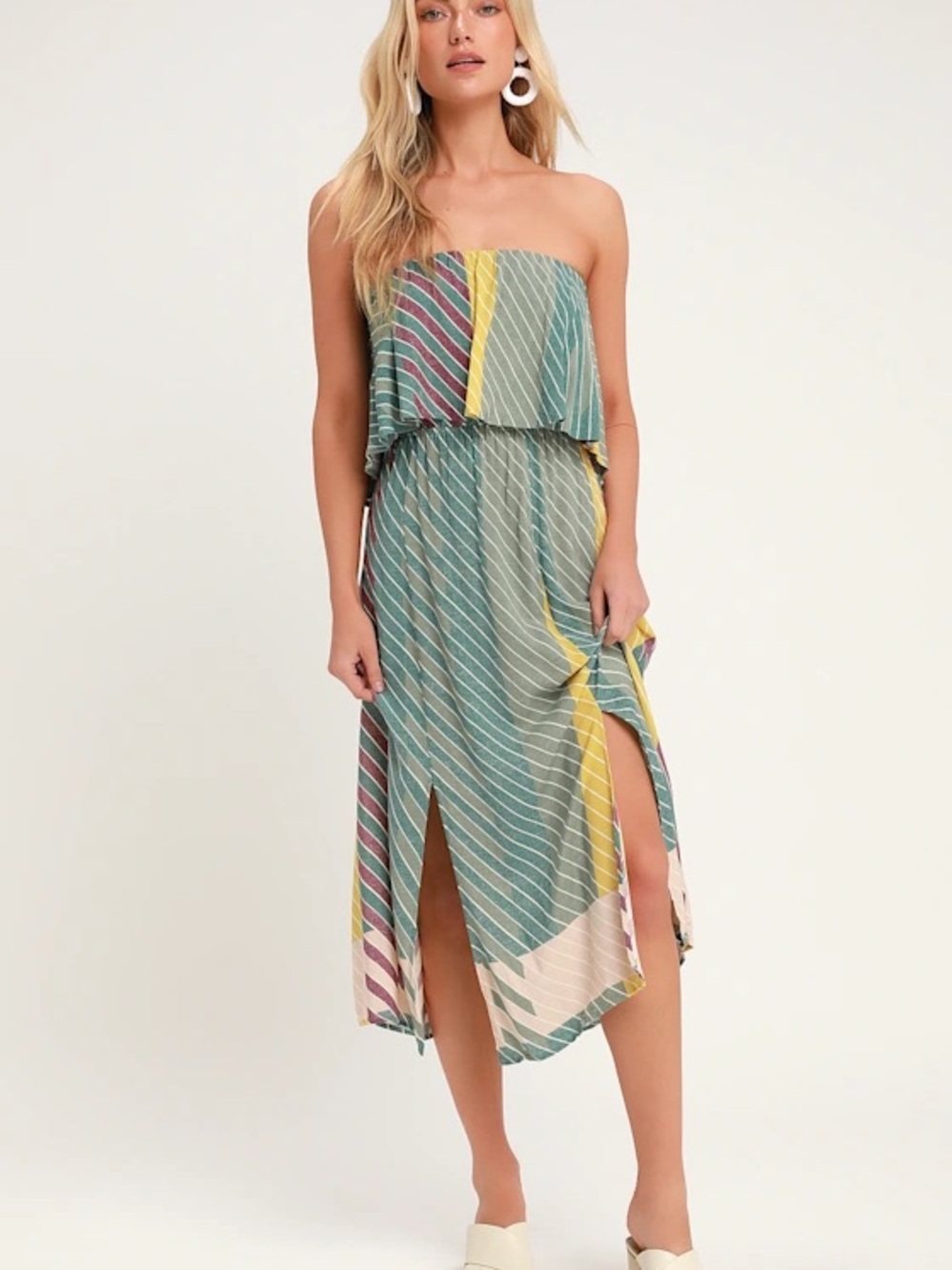 O'Neill Strapless Stripe Midi Dress in Teal, Yellow and Pink